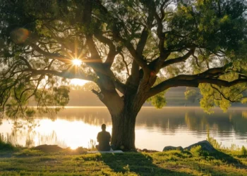 a serene setting with a person practicing mindfulness under a tree by a calm lake, surrounded by supportive friends and family members.