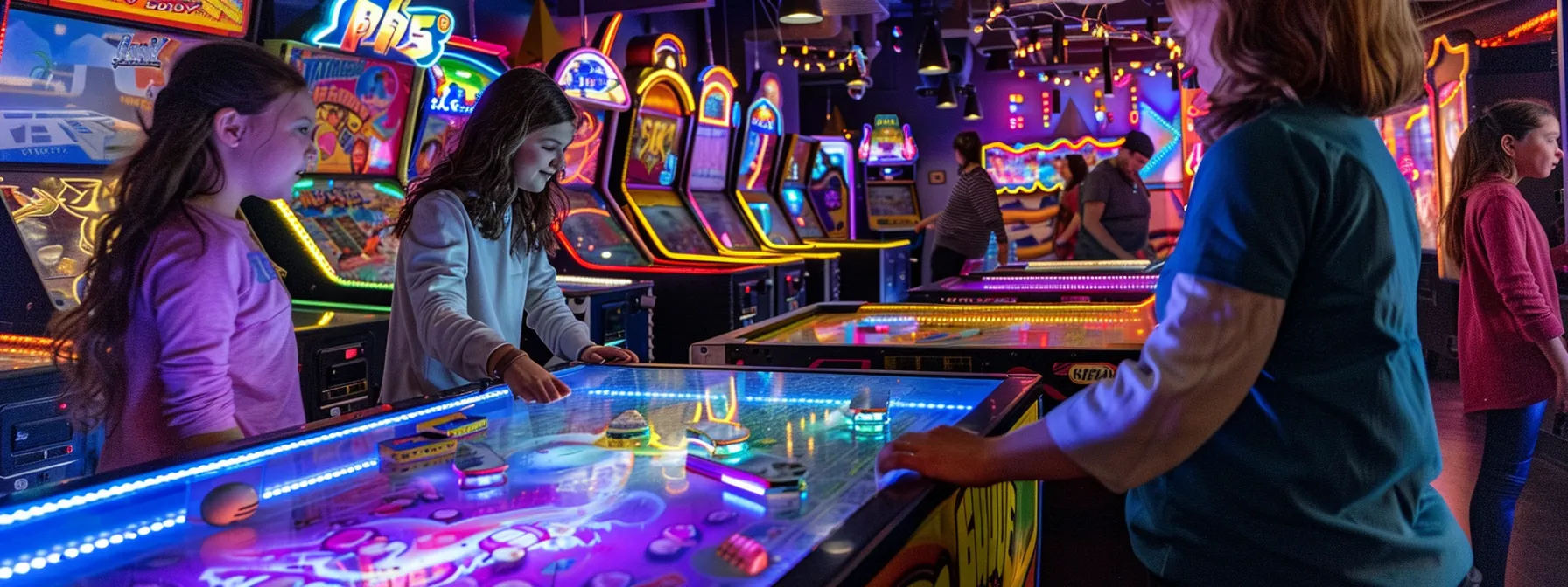 families compete in a lively air hockey game at a vibrant, retro-themed arcade bar.