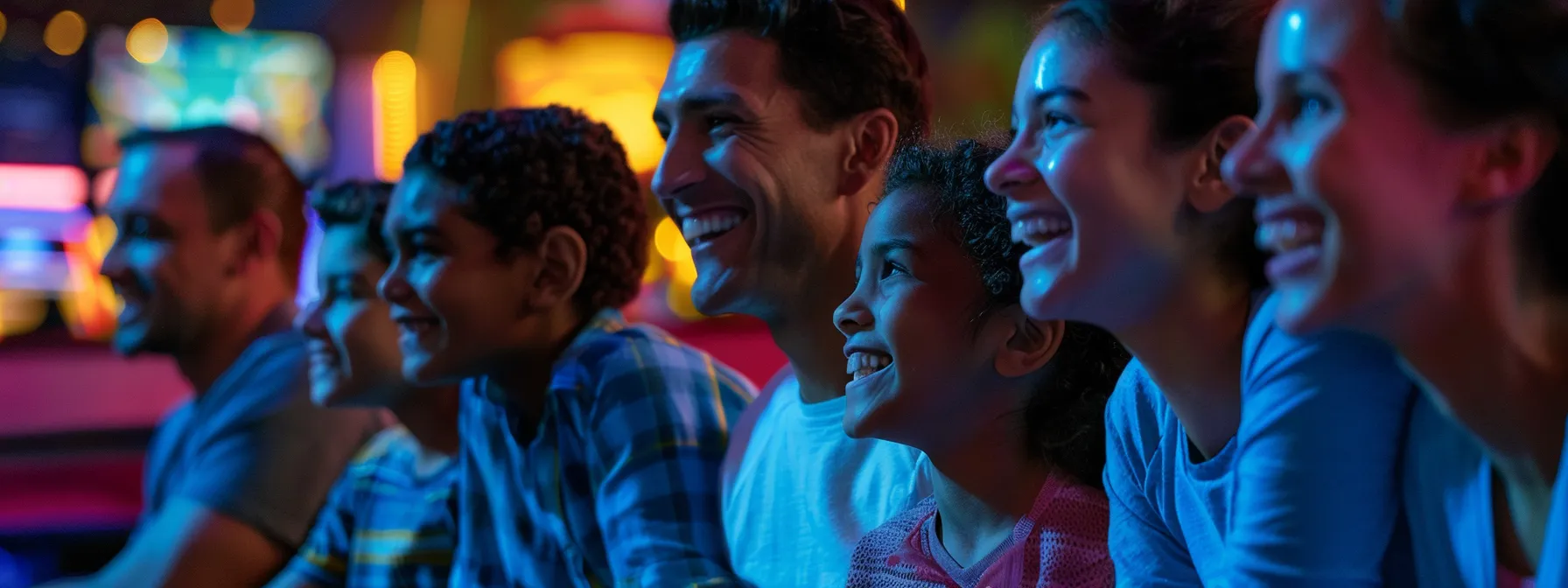 a group of smiling families enjoying diverse activities at an indoor adventure park, reminiscent of the excitement found at topgolf.