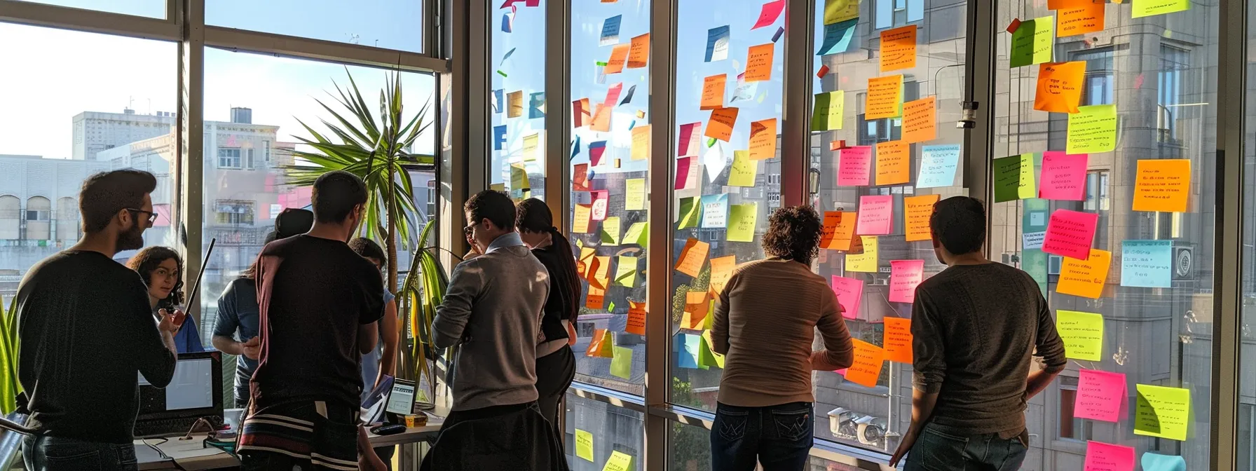 a group of diverse professionals collaboratively brainstorming innovative ideas in a bright, modern office with open windows and vibrant colorful post-it notes scattered around.