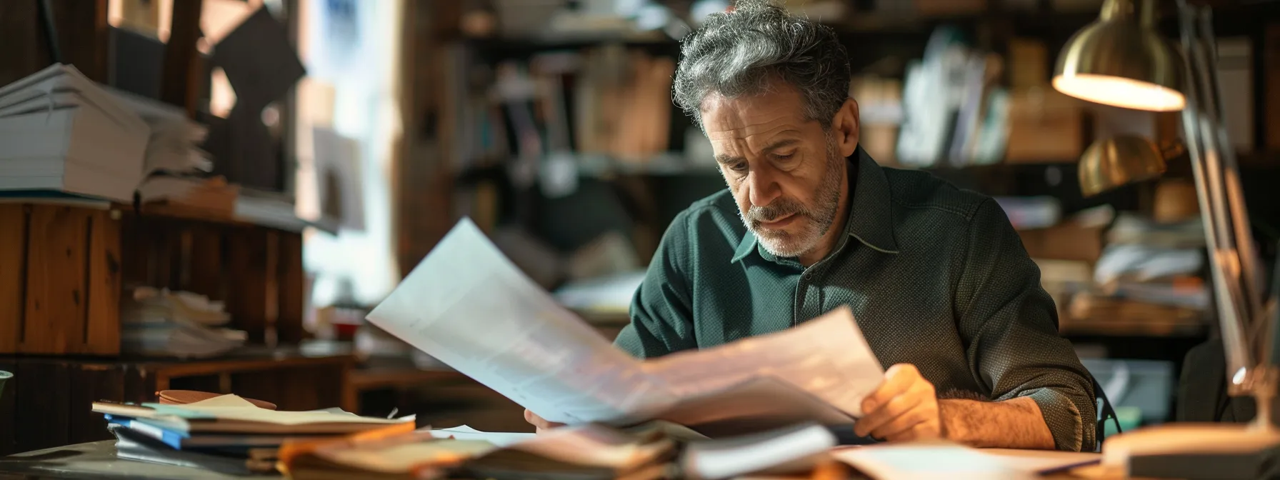 a serious-looking individual calmly reviewing a detailed document with a determined expression, surrounded by a cluttered desk filled with files and notes.