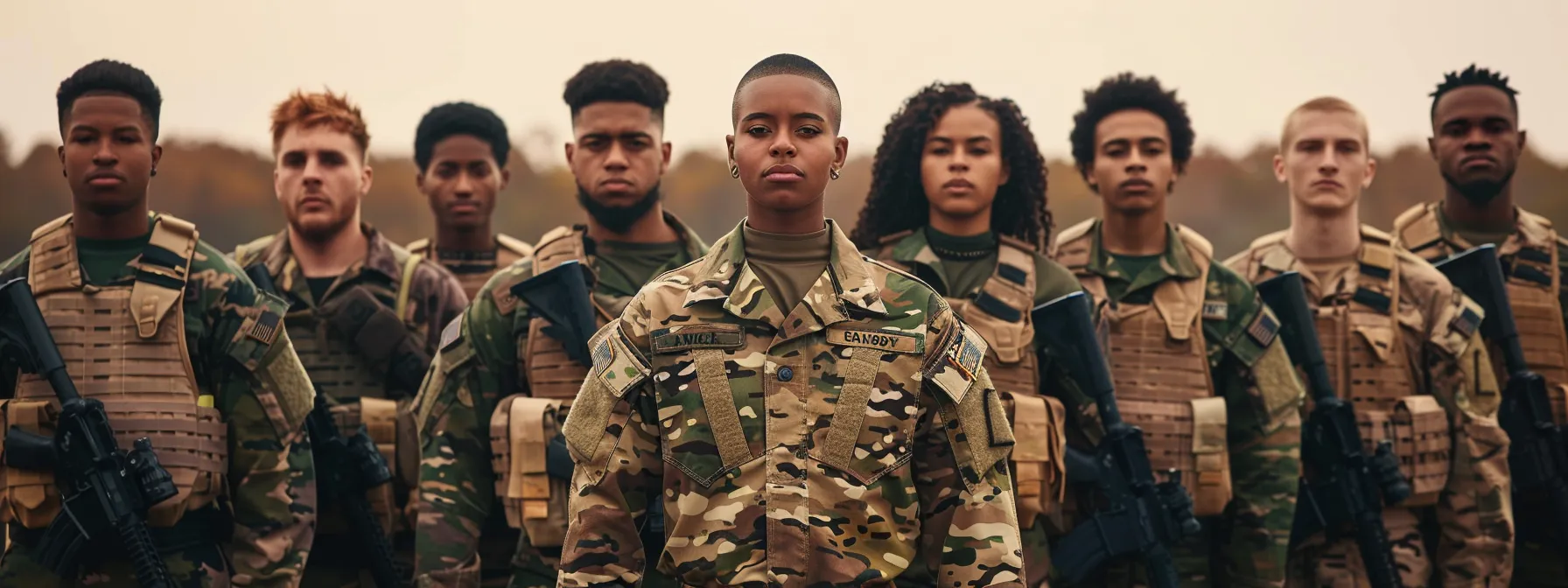 a group of diverse professionals in military-inspired attire stand in formation, displaying discipline and unity as they participate in leadership training exercises.