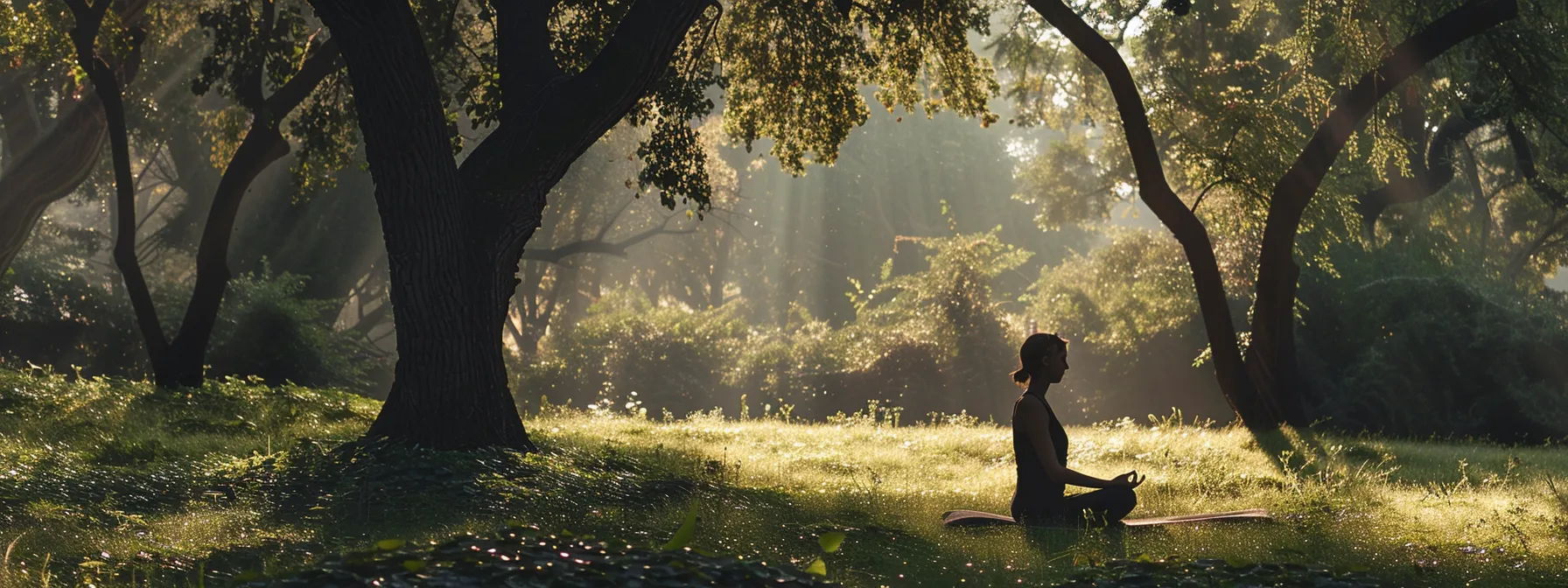 a person peacefully meditating in a serene nature setting, surrounded by calming greenery and soft sunlight filtering through the trees.