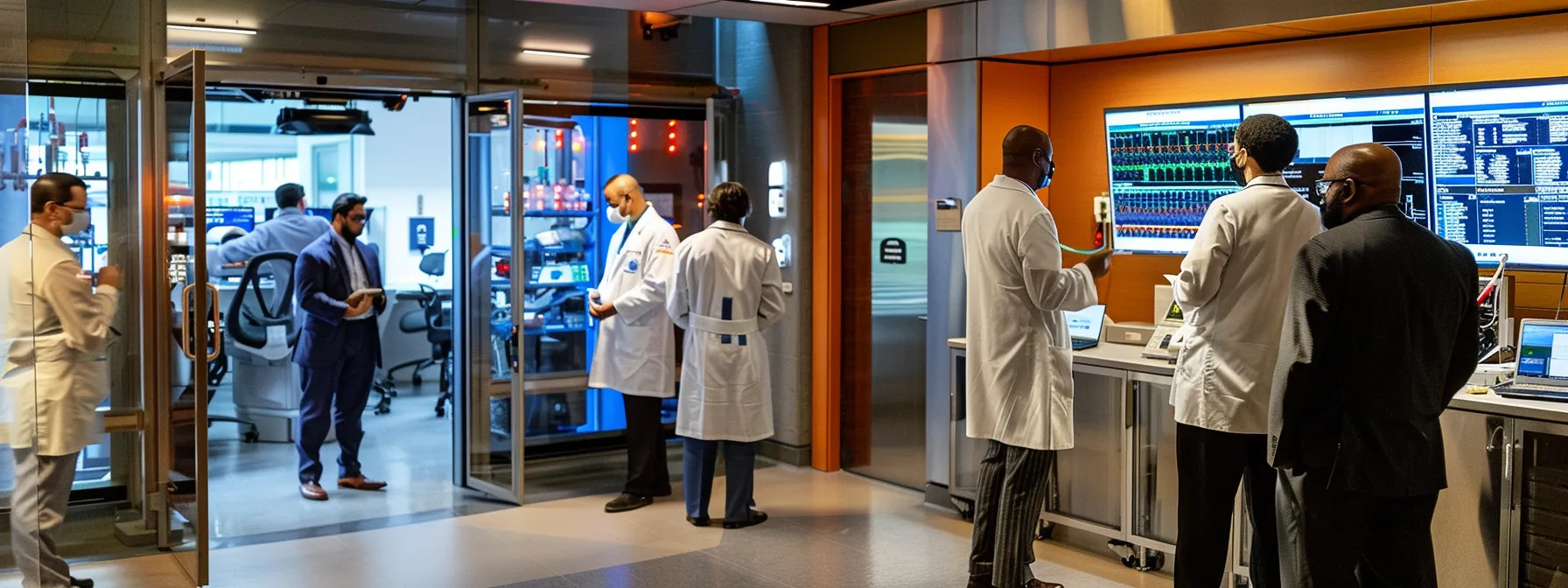 a group of renowned medical leaders at howard university hospital confer in a state-of-the-art research lab, surrounded by cutting-edge equipment and innovative technology.