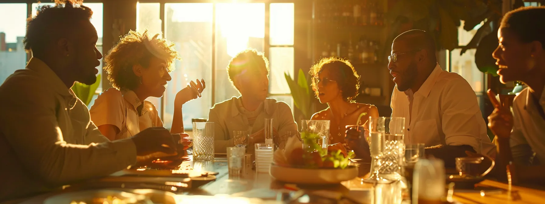 a diverse group of people engaging in a lively, thought-provoking discussion around a table.